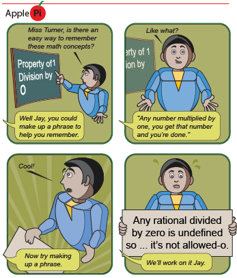 This is a cartoon that shows a teacher encouraging a student to develop a phrase to help him remember the math concepts learned in this lesson. 