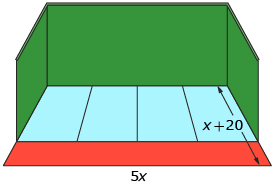 This shows an illustration of a jai alai court with length 5x and width x + 20.