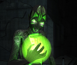 This image shows a creature garbed in a green outfit holding a glowing green sphere.