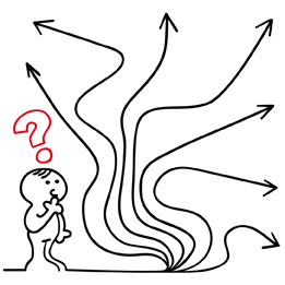 This is an illustration of a cartoon man trying to decide on one of many paths to take.