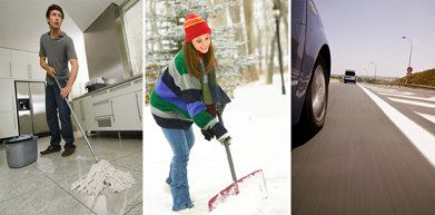 This photo collage shows a man mopping a kitchen floor, a girl shovelling snow, and a car chasing another car.