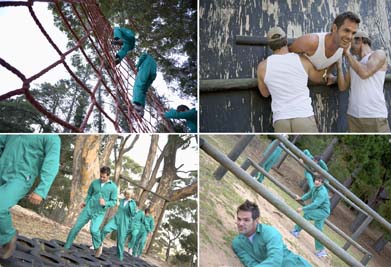This shows a photo collage of a team of men and women racing through an obstacle course.
