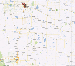 This shows a map of Alberta. A purple line traces the highway leading from Edmonton to Calgary.
