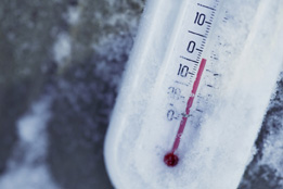 This shows a photo of a thermometer lightly coated in snowflakes. The mercury in the thermometer has dropped to approximately –2.5