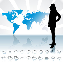 This shows an illustration of a meteorologist standing in front of a map of the world. The bottom of the illustration shows glyphs representing different weather types.