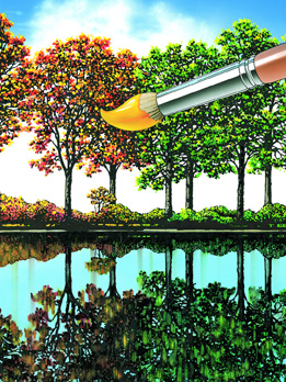 This shows an image of artwork depicting the reflection of trees on a lake.
