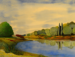 This shows an image of a watercolor painting depicting trees, and their reflection in a small pond.