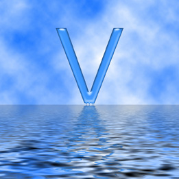 This is an image of a large blue V floating on blue water with a blue sky in the background.