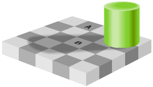 This shows an illustration of a green cylinder casting a shadow across a 5 x 5 checkerboard. The checkerboard is made up of squares of two different shades of grey. The letters A and B are on two of the squares.