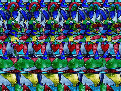 This shows an image of a colourful stereogram.