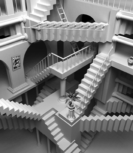 This shows an illustration of an artwork that is similar to that of M.C. Escher.