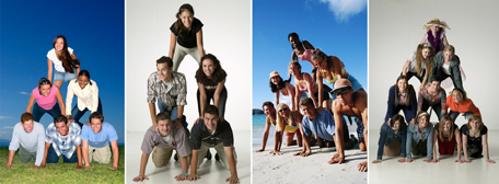 This is a photo collage of several pyramids of people