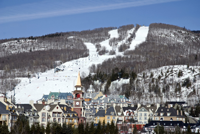 This is a photo of Mont Tremblant, Quebec,  during the winter ski season.