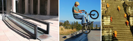 These three photos are of a wheelchair ramp, a bicyclist at the top of a bike ramp, and monks climbing up a set of stairs in a photo taken at Angkor Wat, Cambodia.