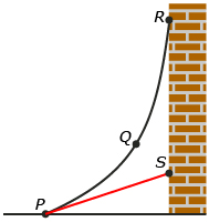 The illustration is of two attachments to a wall. One attachment is a cable that takes a curved shape. The other attachment is a red metal bar that is a straight line.