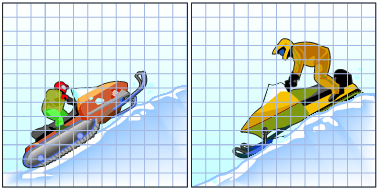 These are graphics of one snowmobiler going up a mountain (right) and one snowmobile being driven down a mountain (left).