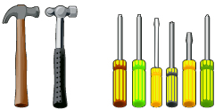 Two hammers and six screwdrivers expressed as a ratio.