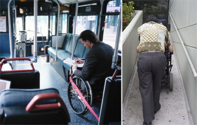 These are two photos showing wheelchairs in use. The right photo is of a wheelchair being pushed up a ramp, and the left one is of a wheelchair on a bus.