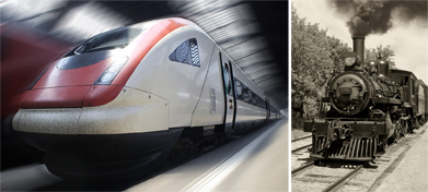 This is a photo of a bullet train and a photo of an old steam locomotive.