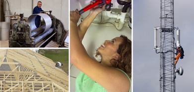 This is a photo collage of trades people at work. From right are an electrician, a plumber, and top left a metal worker and bottom left a carpenter.