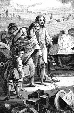 This is an image of an ancient Greek philosopher drawing a theorem in the sand.
