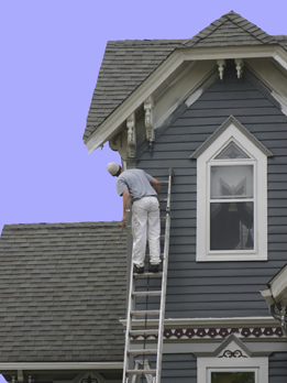 This is a photo of a painter standing on a ladder against the side of a house.