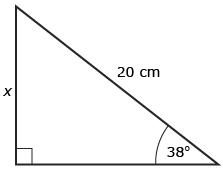 This is an illustration of a triangle. The triangle has a hypotenuse 20 cm long. The side opposite a 38 degree angle is labelled x.