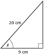 This is an illustration of a triangle. The hypotenuse of the triangle is 20 cm long. The angle between the hypotenuse and a side of length 9 cm is labelled theta.