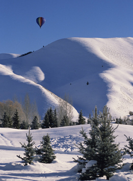 A hot air balloon is pictured over a snowy landscape.