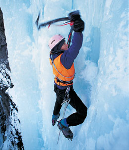 This is a photo of a climber on an ice wall.