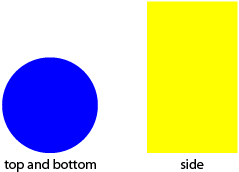 This is an image of a blue circle with the words top and bottom below the circle, and a yellow rectangle with the word side below the shape.