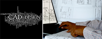 These combined photos show a drafting technologist using CAD software.