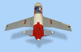 This  image of a model airplane is viewed from behind the plane.