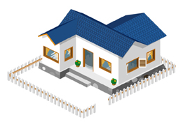 This is an isometric illustration of a house with a white picket fence.