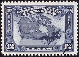 This is an image of a 1927 postage stamp commemorating the Confederation of Canada and showing a map of Canada.