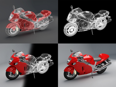This is a collage of scale drawings and photos of a motorcycle at different stages of development.