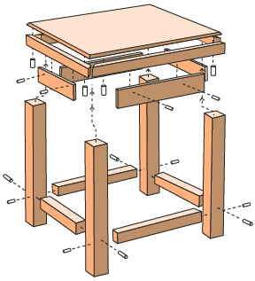 This is an illustration of an exploded view of a coffee table.