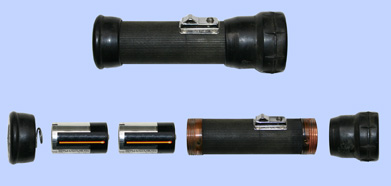 These are two photos of a flashlight. One of the flashlight assembled and one of it taken apart.