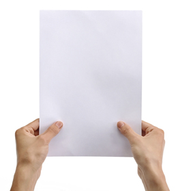 In this photo, two hands hold a standard sheet of paper.