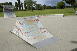 This is a photo of a graffiti-covered skateboard ramp.