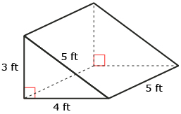 This is an illustration of a triangular prism. The prism is 3 feet high, 4 feet deep, and 5 feet wide with a slant height of 5 feet.