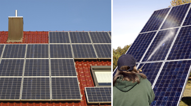 This is a photo of solar panels on a roof and a photo of a solar energy technician.