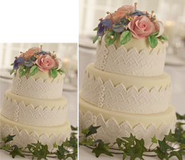This is two photos of a tiered wedding cake. One cake is small, and one cake is large.