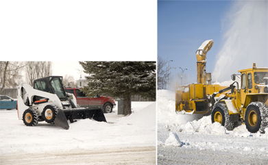 Signs of a Canadian winter are noted in these photos of a small front-end loader cleaning snow out of a parking lot and a large grader scooping snow off a road.
