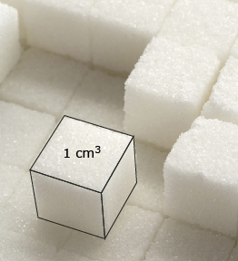 A sugar cube is labelled with a measurement of 1  cubic centimetre.