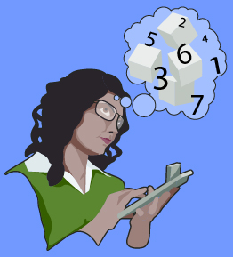 This illustration shows a woman thinking about how many sugar cubes would occupy the same space as an object. She is using sugar cubes as her referent.