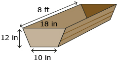 This is a graphic of a feed trough. The trough is 8 ft long, 12 in deep, and measures 10 in wide at the base and 18 in wide at the top.