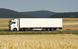 This is a photo of a tractor trailer being driven past a grain field.