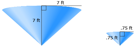 In this graphic, two cones model the hopper.  The first cone has a height and radius of its circular base of seven feet. The second has a height and radius of its circular base of zero point seven five feet. 