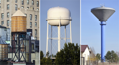These photos represent many varieties of water tanks from around the world.